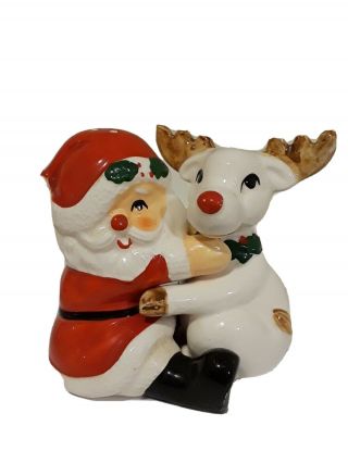 Fitz And Floyd Hugging Santa & Rudolph Porcelain Salt & Pepper Shakers Christmas