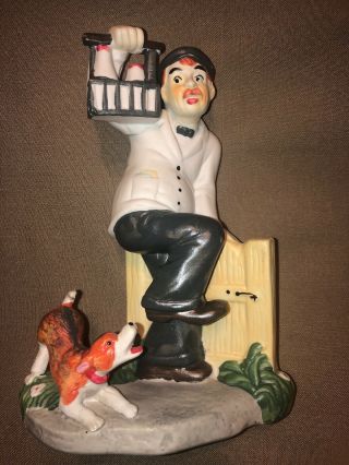 Vintage Porcelain Figurine Dog Chasing Milkman Over Gate 2 Unique Vivid
