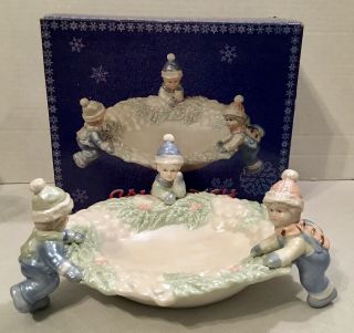 Cracker Barrel Old Country Store Porcelain Playing In Snow Figurine Candy Dish