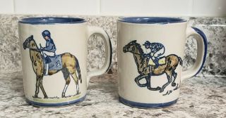 Louisville Stoneware - Kentucky Derby Race Coffee Mugs Jockey On Horse Set Of Two