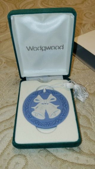 1991 Wedgwood Blue Jasperware Bells Annual Christmas Ornament Round Disc