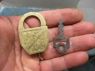 Very Odd Shaped Old Brass Miniature Padlock Lock With A Key.  N/r