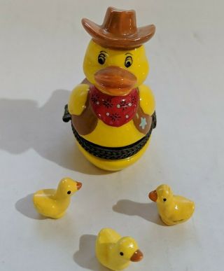 Yellow Rubber Ducky Duck Cowboy Hinged Trinket Box With Charm Babies