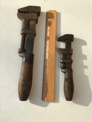 2 Vintage L.  Coes & Co.  Wood Handle Monkey Wrenches Smooth Jaw 8 " And 12 "