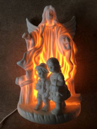 Ceramic Guardian Angel With Children Tabletop Light 7.  50” Religious Decor