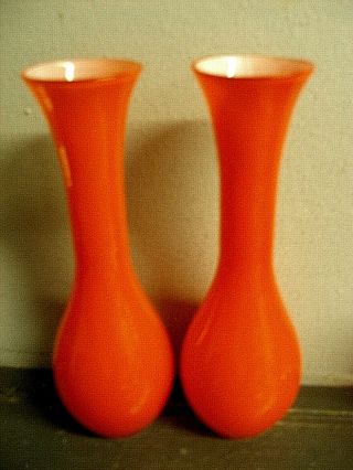 Mcm Pair 2 Blown Cased Art Glass Flutred Bulbous Vase - Orange & White Interior