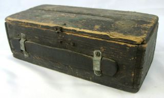 Vintage Handmade Rustic Wood Hinged Box W Leather Carry Strap 11 " X5 - 1/4 " X3 - 3/4 "