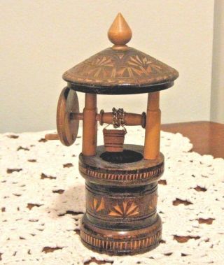 Small Carved Wooden Water/wishing Well With Bucket 6.  5 " H