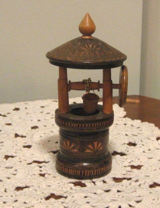 Small Carved Wooden Water/Wishing Well with Bucket 6.  5 