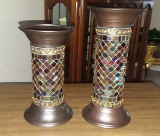 Partylite Mosaic Global Fusion Stained Glass Candle Holders 9 & 11 Inch