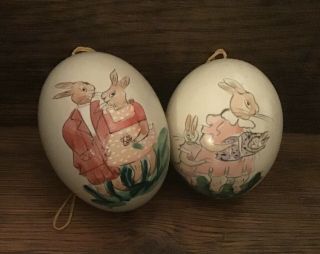 Two Vintage Hand Painted Easter Egg Ornaments - Folk Art - Bunny Family