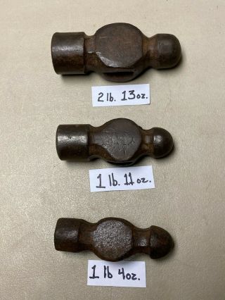 3 Vintage Large Ball Peen Hammer Heads Unmarked Old Blacksmith Mechanic Tool
