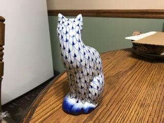 Porcelain Cat Figurine Andrea by Sadek blue & white fishnet Herend hand Painted 2