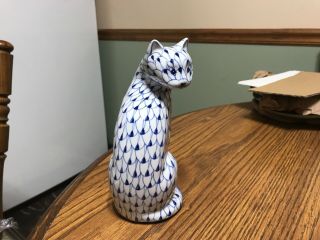 Porcelain Cat Figurine Andrea by Sadek blue & white fishnet Herend hand Painted 3