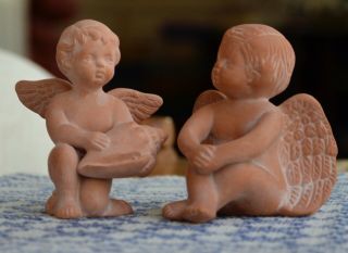 2 Angels Terra Cotta Clay Pottery Statue Figure Figurines Small Peaceful Calm