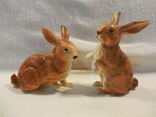Vintage Lefton Japan Ceramic Brown Easter Bunny Rabbit Figurines Set Of 2 H6664