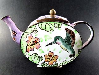 Collectible Enameled Miniature Metal Teapot Pink Window (e43)