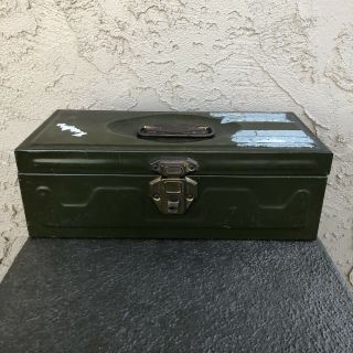 Vintage Green Metal Box Utility Chest 13” Toolbox Tackle Box Ruler Edge Portable