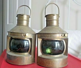 2 Vintage Nautical Starboard (green) Ship Oil Lanterns Lamp Brass India