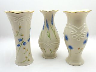 Set Of 3 | Lenox Floral Bud Vases | 5 " Tall | Porcelain | White W/ Blue Flowers