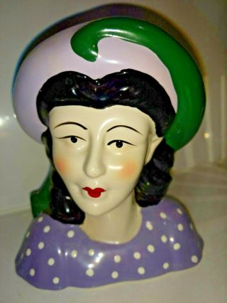 Vintage Lady Head Bust W/ Purple Polka Dot W/lavender Hat W/green Ribbon