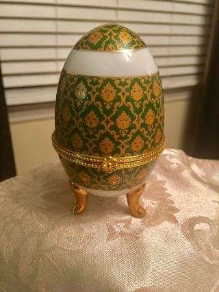 Porcelain Egg Shaped Trinket Box Green And Gold Hinged