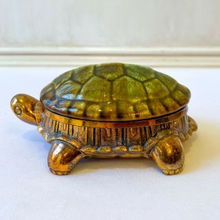 Vintage Green Enameled And Brass Turtle Jewelry Trinket Box