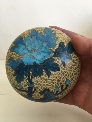 Vintage Brass & Enamel Round Jewelry Trinket Box Blue Flowers China