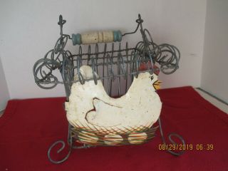 Vintage Square Metal Wire Basket With Chicken Front