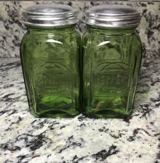 Emerald Green Glass Depression Style Embossed Salt And Pepper Shakers Retro