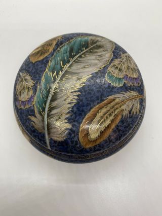 Vintage Asian Ceramic Trinket Dish W Lid Blue,  Gold Green Feathers Gold Accents