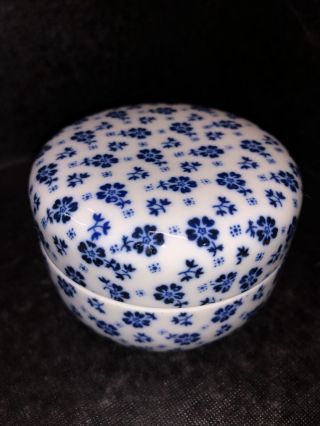 Vintage Japan Asahi Sato Gordon Blue White Porcelain Trinket Jewelry Vanity Box