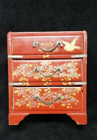 Antique Japanese Hand Painted Wooden Drawer Jewelry Box W/metal Hardware - Lacquer