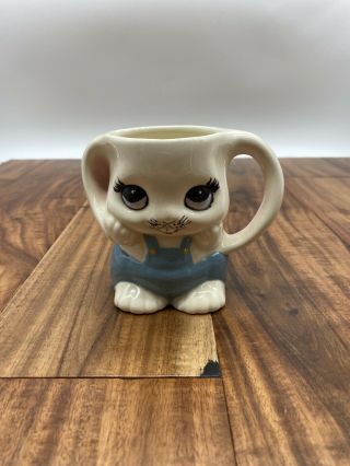 Vintage Boy Bunny Rabbit Ceramic Handmade Painted Mug Blue Overalls Easter