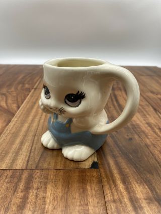 Vintage Boy Bunny Rabbit Ceramic Handmade Painted Mug Blue Overalls Easter 2
