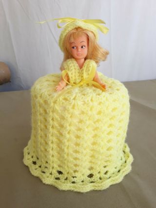 Vintage Yellow Crocheted Toilet Paper Cover - Doll Made In Hong Kong Hat & Shoes