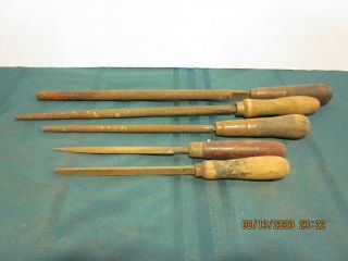 Antique Files (5) Metal With Wood Handles Various Tips Range 11 " X 18 " (a3)