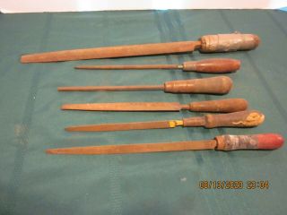 Antique Files (6) Metal With Wood Handles Various Types Range 12 " To 20 " (1a)