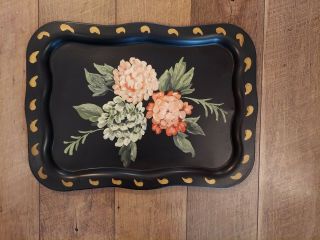 Vintage Black Metal Tray Hand Painted With Flowers Victorian