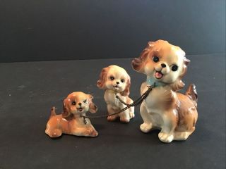 Vintage Dog With 2 Puppies On Chain Ceramic Figurines Japan Porcelain Marked