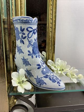 Vintage Ceramic Porcelain Blue And White Victorian Boot Decorative Vase Planter