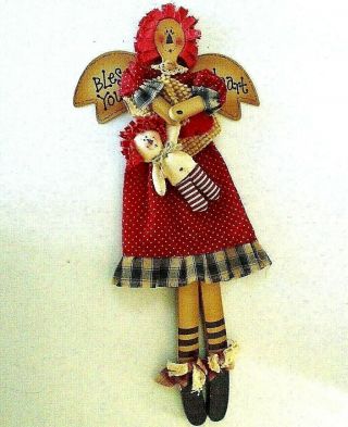 Wooden Raggedy Ann With Doll Handmade " Bless Your Heart " Garden Hanging Deco 21 "