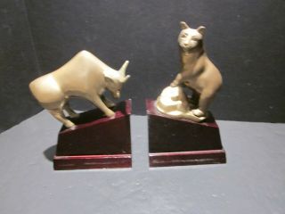 Old Vintage Bull & Bear Wall Street Stock Market Trader Wood & Brass Book Ends