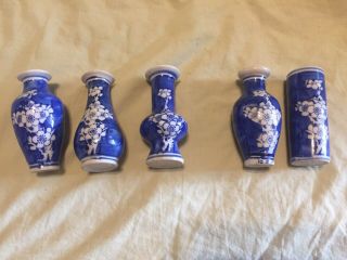 Small Blue And White Japanese Style Vase Set Of 5,  4” Tall,  3 Perfect Cond.