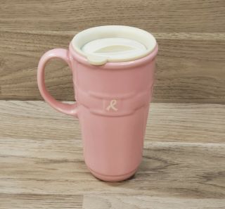 Longaberger Woven Traditions Travel Mug Pink Breast Cancer Ribbon With Lid 31795
