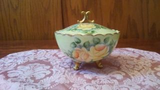 Vintage Porcelain Footed Jewelry Trinket Box Hand Painted Flowers
