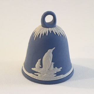 Wedgwood Christmas Ornament " Bell - Penguins Year 1979 " Blue & White Relief