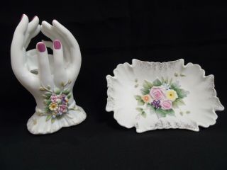 Lefton’s Hand - Painted Hands Holding Heart Kw 4198 & Ashtray/trinket Dish Kw 6964