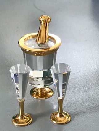 Swarovski Crystal Champagne Ice Bucket & 2 Flutes Miniatures Wedding Anniversary