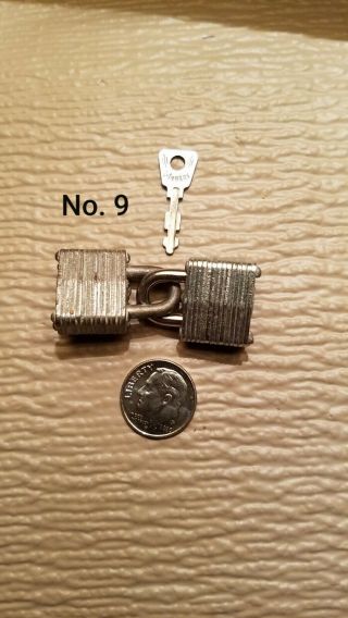 2 Vintage Mini Master Lock Padlock No.  9 & Flat Key For Both